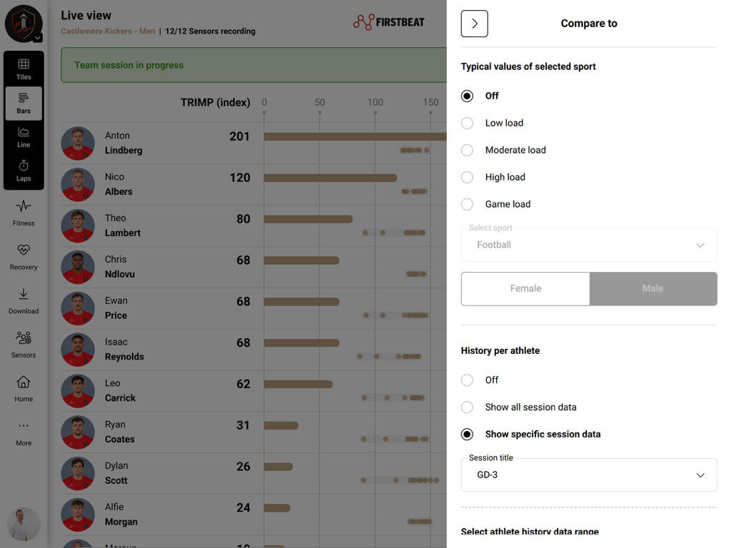 Compare to settings showing load-level choices and athlete history set to a specific session title.