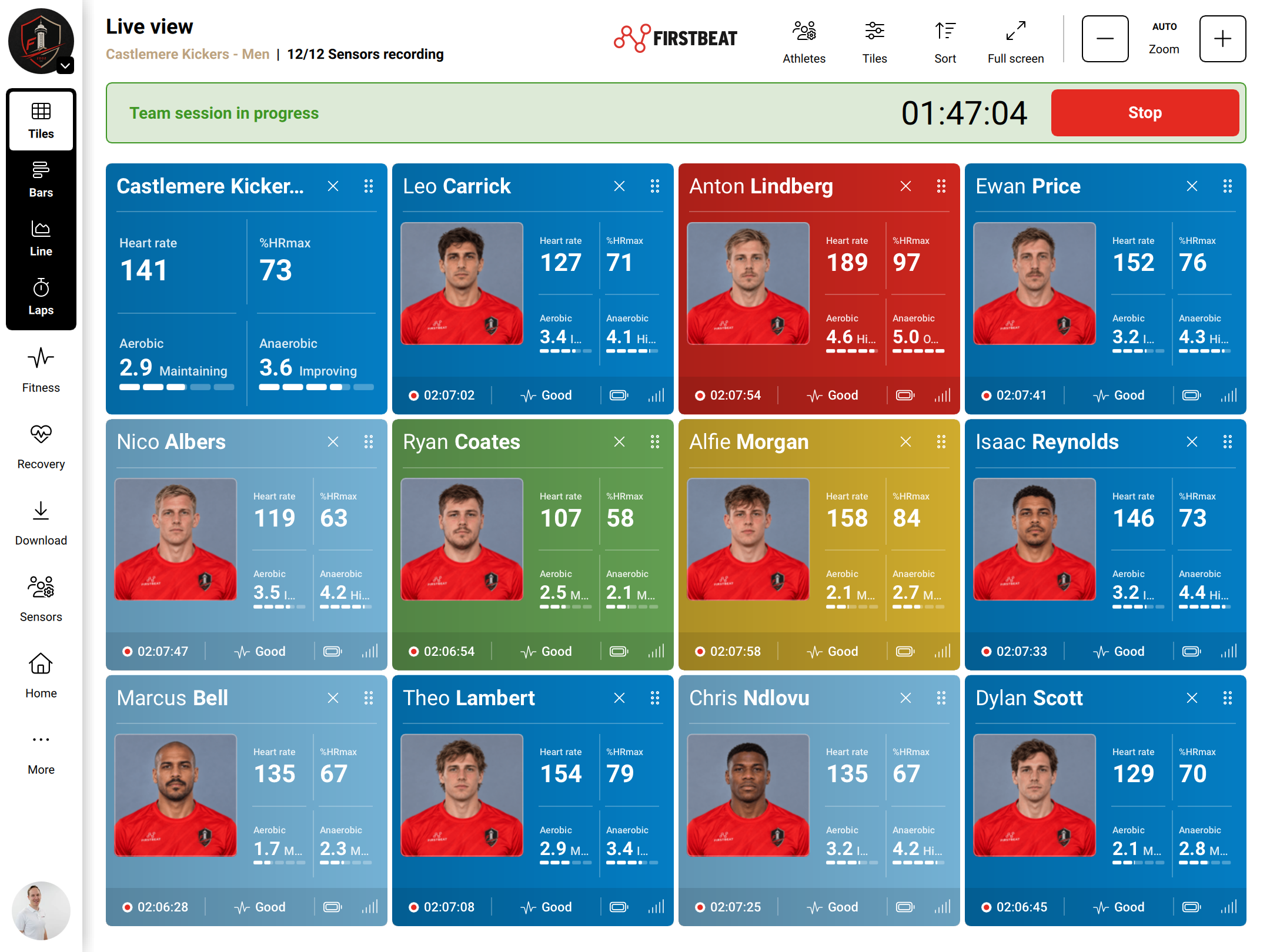 Live view showing a team session in progress and the Stop button in the team-session bar.