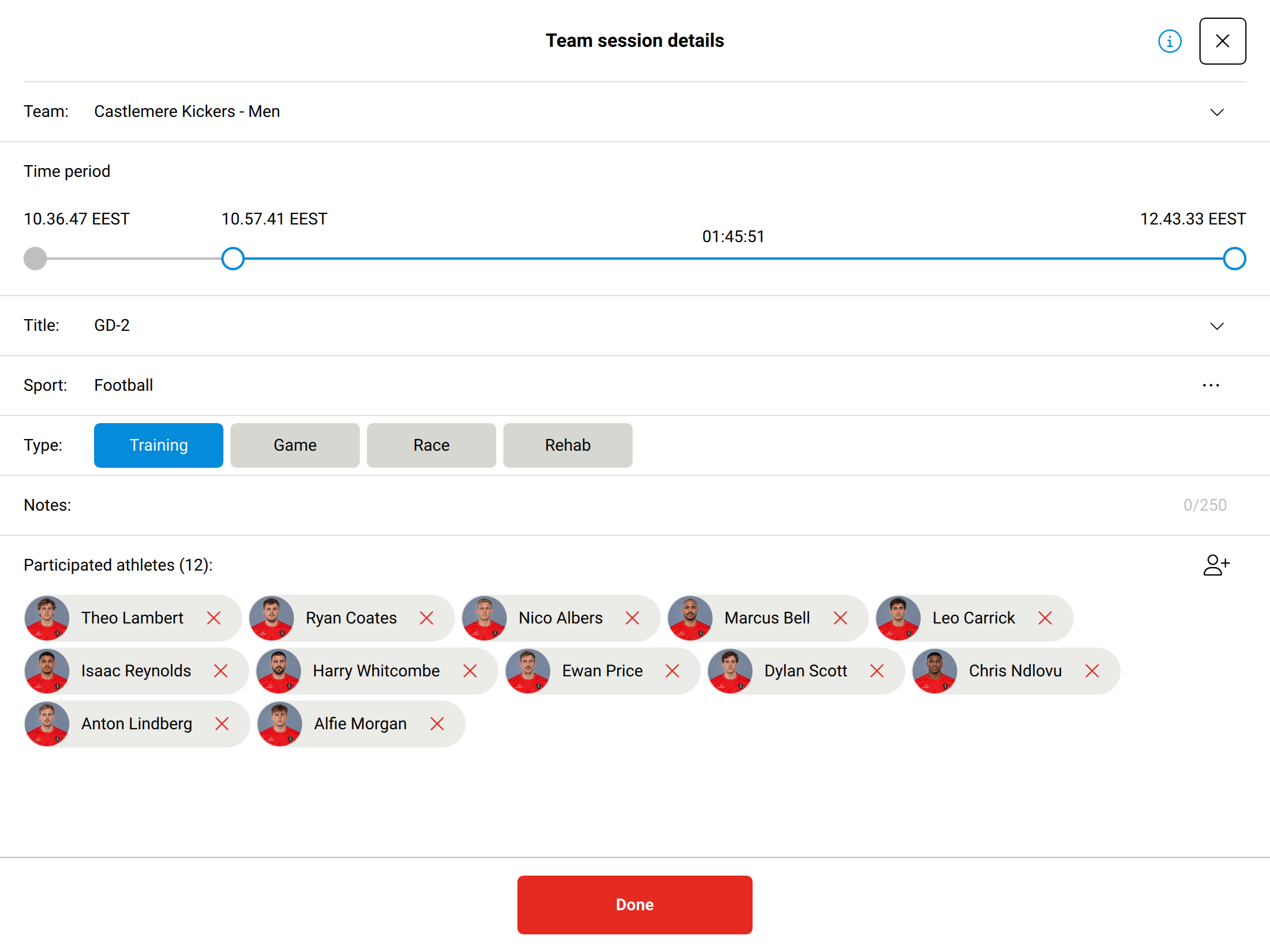 Team session details screen showing the time period, title, sport, type, notes, and participating athletes.